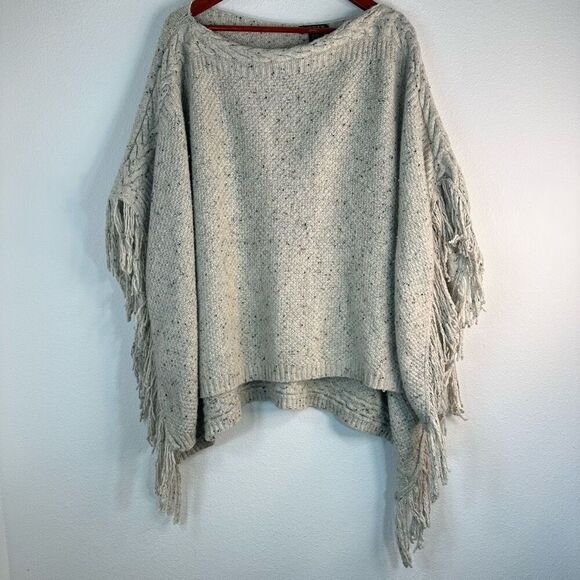 Lauren Ralph Lauren Wool Blend Speckled Knit Poncho Sweater Fringe Trim One Size - Picture 1 of 6